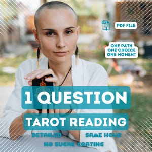 May include: A person holding a tarot card with the text "1 QUESTION TAROT READING". The image includes the phrases "DETAILED", "SAME HOUR", and "NO SUGAR COATING". A PDF file icon is also present.