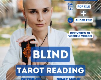 May include: A woman holding a tarot card with an orange mandala design. The image includes text that reads "BLIND TAROT READING" and "INCLUDES 2 FORMATS: PDF FILE + AUDIO FILE". The text also says "DELIVERED IN VOICE & VISION".