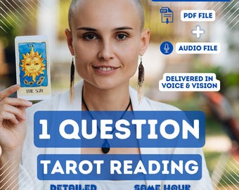 May include: A woman holding a tarot card with a sun illustration. The image includes text that reads "1 QUESTION TAROT READING" and "PDF FILE + AUDIO FILE". The card is labeled "THE SUN". The image also says "DELIVERED IN VOICE & VISION".