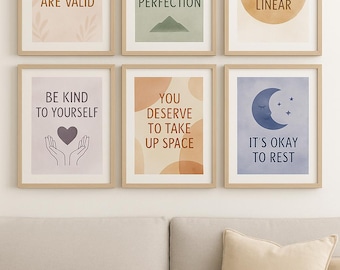 Set de arte mural imprimible de autocompasión: 6 impresiones con afirmaciones terapéuticas para la sanación, la motivación y la atención plena.