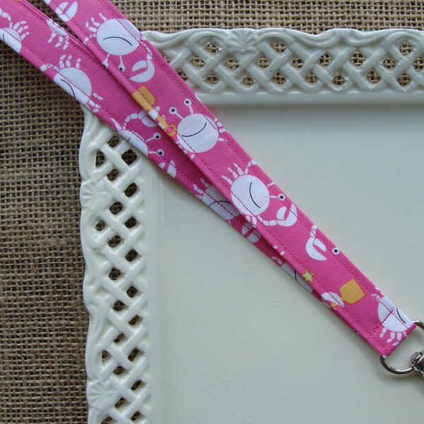 Fabric Lanyard ID -  Playful Sand Crab on Hot Pink