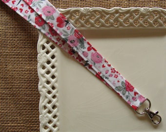 Lanyard - Cottage Flowers & Hearts on White