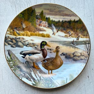 May include: A round decorative collector plate with a gold-tone rim featuring a detailed illustration of two mallard ducks standing on a snowy, rocky shoreline. The background depicts a winter landscape with a house, trees, and ducks in flight.