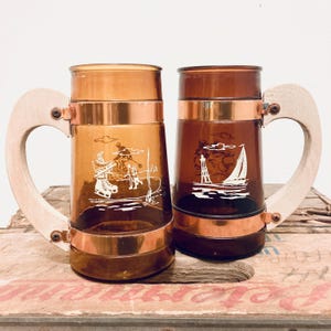 Pair of Vintage Siesta Ware Amber Glass & Wood Sports Mugs