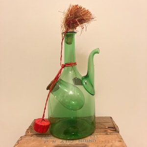 Vintage Italian Hand-Blown Green Glass Wine Decanter with Stopper & Ice Chamber