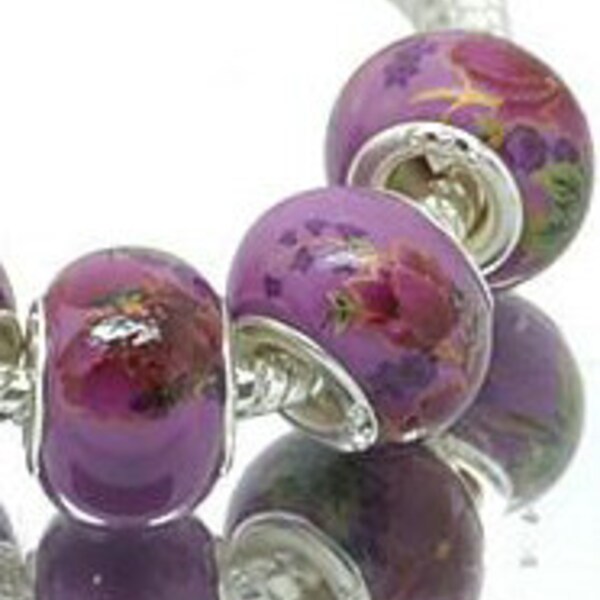 2 Purple with floral design Spacer European Beads Set of 2