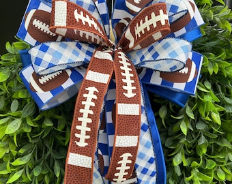 Football Wreath Bow, Blue and White Football Bow, Game Day Door Bow, Football Decor, Sports Wreath Bow, Fall Door Decor