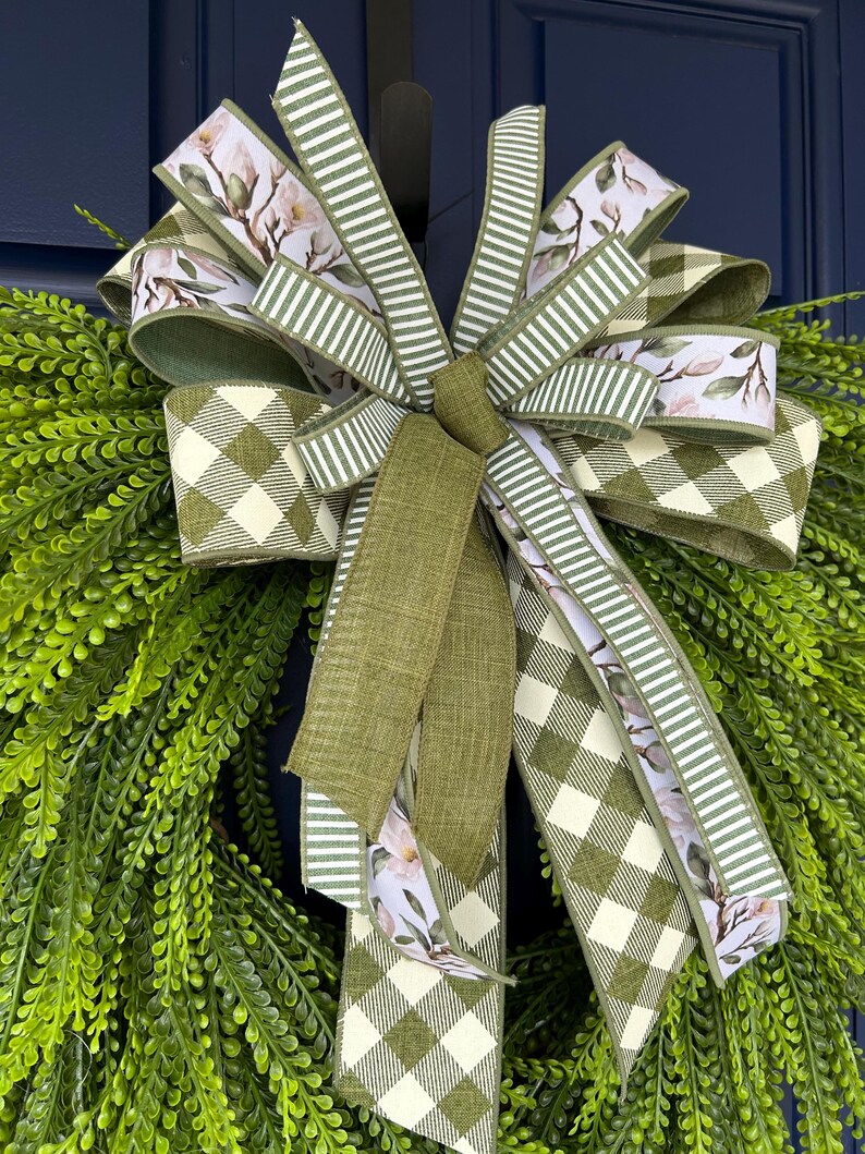 Sage Green Farmhouse Bow, Spring Wreath Bow, Green Plaid Floral Bow ...