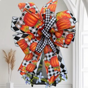 Pumpkin Fall Door Bow - Black and White Check Autumn Wreath Bow - Thanksgiving Porch Decor