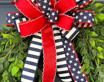 Patriotic Wreath Bow, Red White Blue Bow, Fourth of July Door Bow, Large Decorative Bow, Memorial Day Decor, Front Door Bow