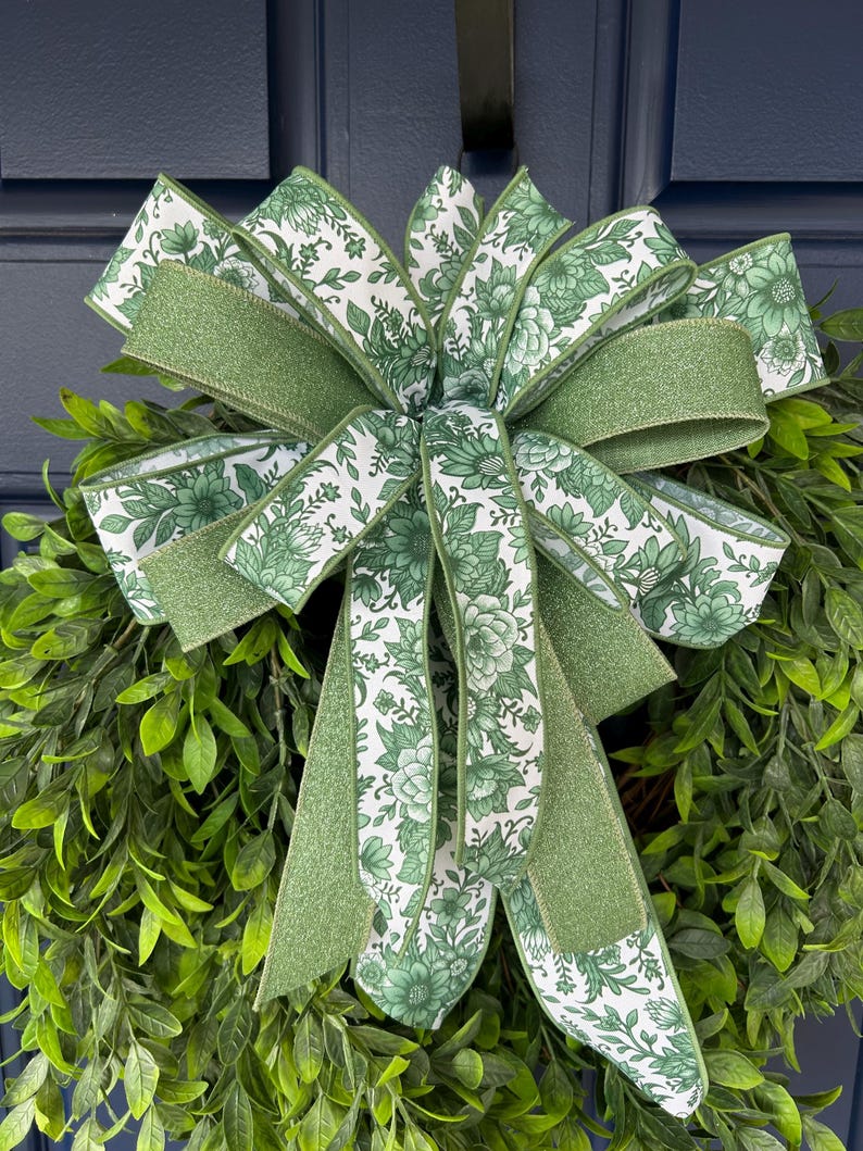 Handmade Green Floral Ribbon Bow - Spring, Summer Wreath Decor - Etsy