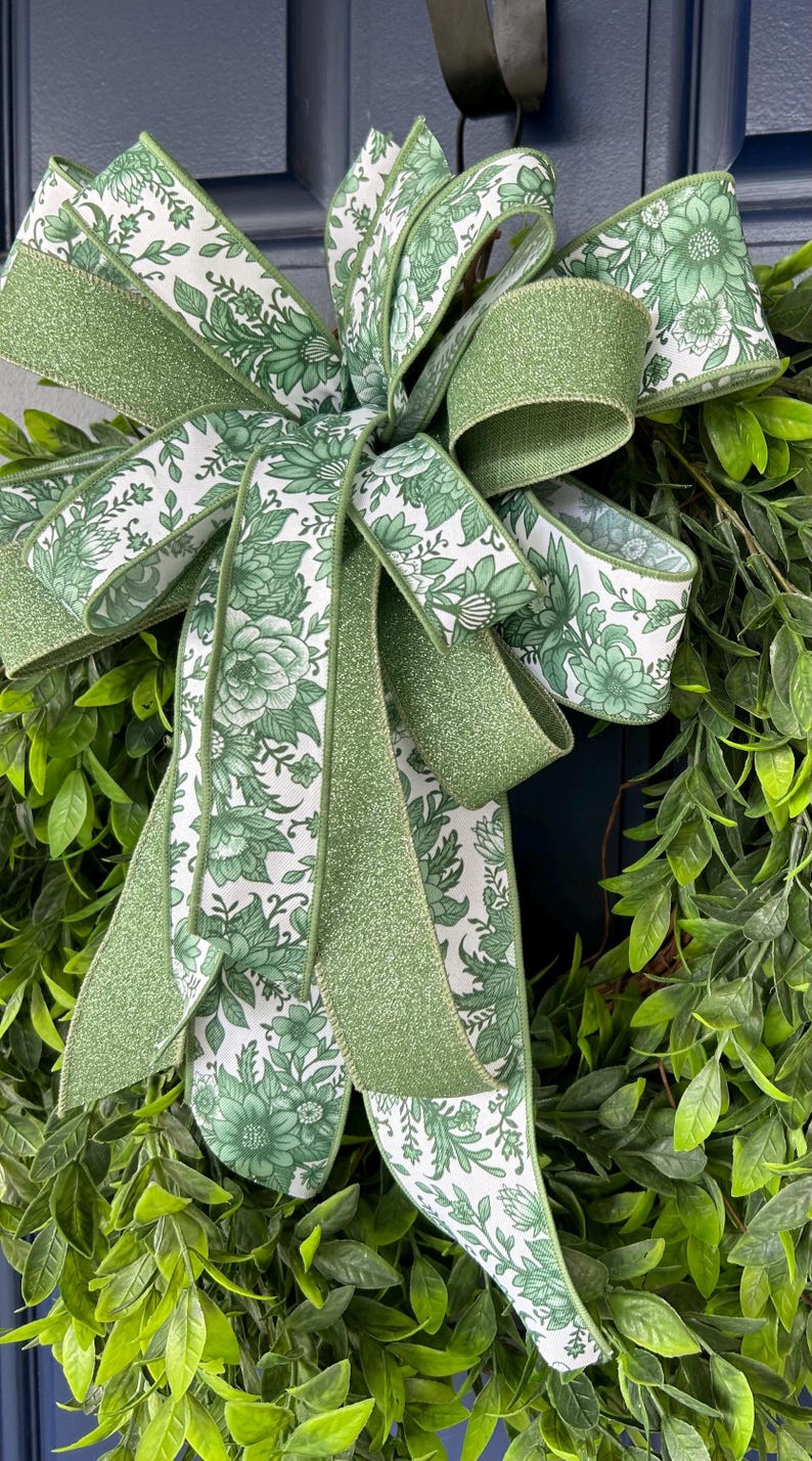 Handmade Green Floral Ribbon Bow - Spring, Summer Wreath Decor - Etsy