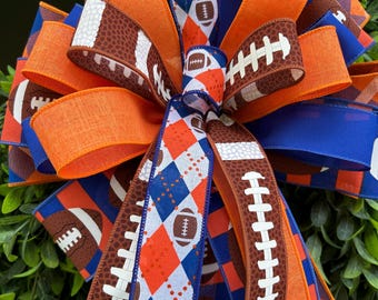 Orange Blue Football Door Bow, Game Day Wreath Bow, Large Football Bow, Sports Fan Door Decor, Front Door Ribbon Bow