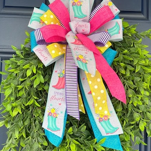 Spring Wreath Bow, Rain Boot Ribbon Bow, Pink Yellow Teal Bow, Easter Wreath Bow, Front Door Decor Bow, Large Handmade Bow