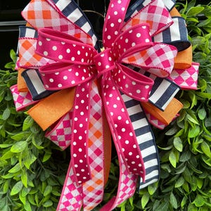 Summer Door Bow, Hot Pink and Orange Citrus Bow, Front Door Decor, Farmhouse Bow, Everyday Door Hanger Bow, Wreath Accent