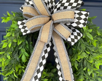 Farmhouse Lantern Bow, Black White Check Burlap Wreath Accent, Rustic Door Decor