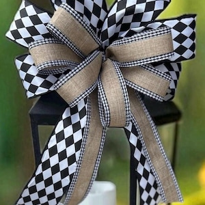 Farmhouse Lantern Bow, Black White Check Burlap Wreath Accent, Rustic Door Decor