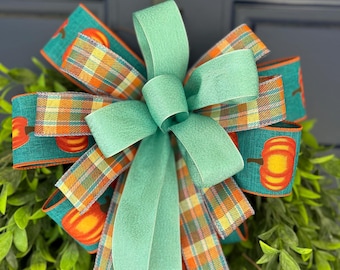 Pumpkin Bow for Fall, Teal and Orange Plaid Wreath Bow, Autumn Front Door Decor, Thanksgiving Lantern Bow, Farmhouse Porch Decoration