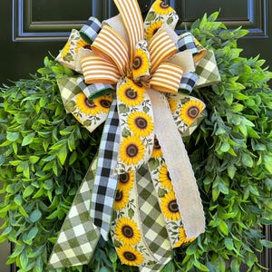 Große Sonnenblume Tür Schleife, Bauernhaus Kranz Schleife, Sommer Haustür Dekoration, Büffel Karo Schleife, Früh Herbst Tür Dekoration