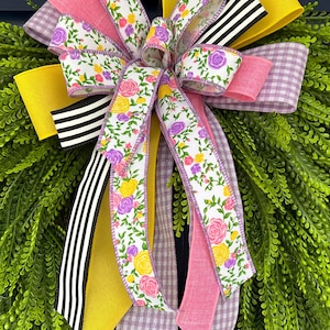 Floral Stripe Farmhouse Bow, Pink Yellow Easter Lantern Topper, Spring Decor