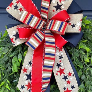 Patriotic Wreath Bow, 4th of July Door Bow, Red White Blue Burlap Star Bow, Memorial Day Decor, Large Front Door Swag Bow