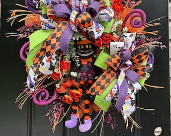 Halloween Witch Wreath Witch Door Decor Door Decor for Halloween Halloween Front Door Wreath Wreath with Black Cat Black Cat Decor