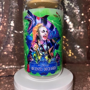 Beetlejuice Glass Cup | “Recently Deceased” Horror Tumbler | 16oz Libbey Bamboo Lid & Glass Straw | Halloween Horror Cup | Spooky Gift