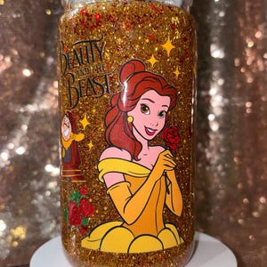Beauty and the Beast glitterbeker – Belle & Enchanted Rose sneeuwbolbeker – 16 oz