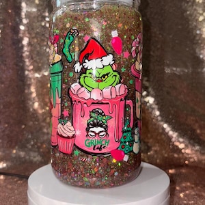 Grinch Snow Globe Tumbler: Pink & Green Glitter, 16oz Holiday Cup