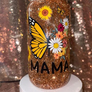 Gobelet boule à neige papillon tournesol MAMA - Boîte en verre de 16 oz avec poignée