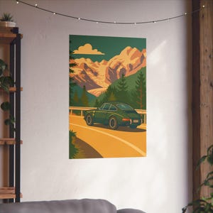 Vintage Car Adventure Matte Poster, Wall Art, Retro Decor, Gift for Car Lovers, Mountain Road Trip Decor, Home Office Artwork