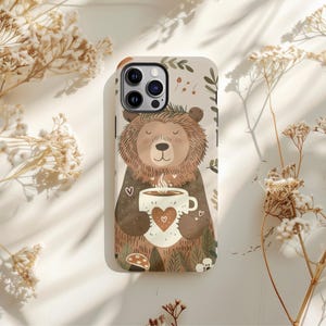Cute Bear Coffee Phone Case - Cozy Aesthetic Fall Design, Tough iPhone & Samsung Cover, Animal Lover Gift Idea