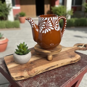 Mexican Clay Pitcher with Plumeado White Art-Artisanal Talavera Style