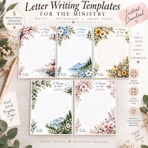 May include: Five letter writing templates for the ministry featuring floral and landscape illustrations. Each page includes horizontal lines, the text A Message of Hope, Kind Words Brighter Days, and Pls. visit JW.ORG. Designs include cherry blossoms, mountains, sunflowers, and forest scenes.