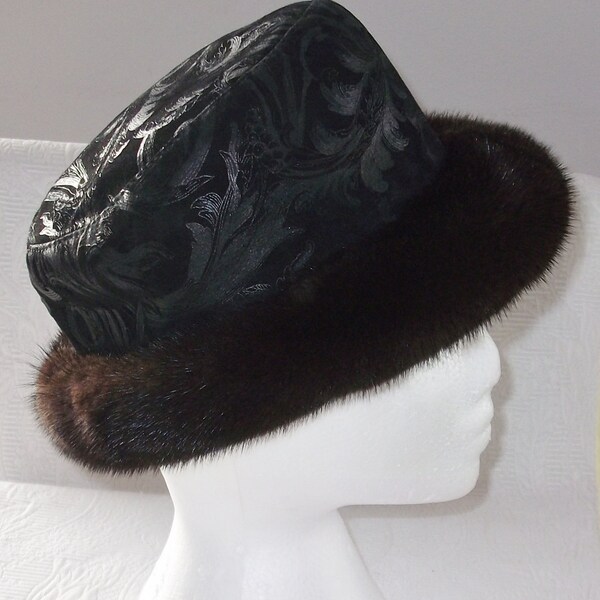 Vintage Retro noir Suede et vison Mesdames chapeau de fourrure, Excellent