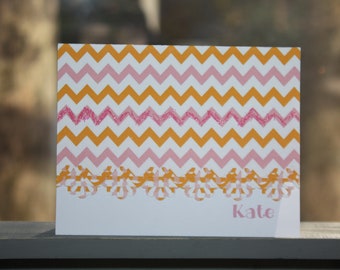 Orange and Pink Chevron - Handmade Note Cards (Can be personalized)