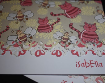 Whimsical pink and salmon bee and kitty cat Note Cards - Personalization may be added