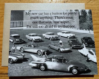 Funny vintage greeting card: My new car's buttons.... not going to try the rear wiper one!