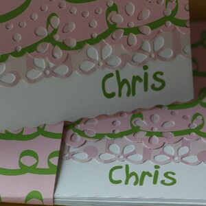 Personalized pink and green ribbon  handcrafted Note Cards - personalization may be left off  Set of 10