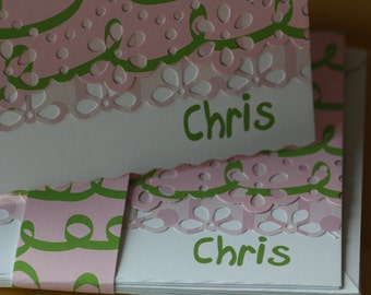 Personalized pink and green ribbon  handcrafted Note Cards - personalization may be left off  Set of 10