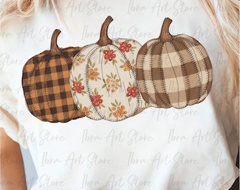 Preppy Floral Pumpkin PNG Stitched Fall Pumpkin Sublimation Quilted Pumpkin Sublimation Design T-Shirts Harvest Shirt PNG Fall Png