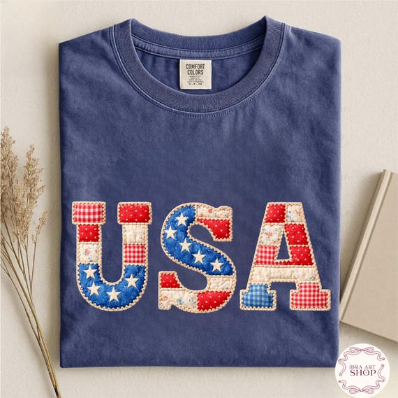Faux Patchwork US Flag Png, Faux Patchwork Png,Patchwork Quilted Grandmacore Flag PNG, Floral Retro Coquette Flag Png, Cottage Core Gingham