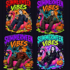 Op de afbeelding: Een grafisch ontwerp met vier horrorfilmfiguren die in roze flamingo zwembanden zitten. Elk kwadrant toont de tekst SUMMERWEEN VIBES in druipende neonletters. De figuren zijn Michael Myers, Jason Voorhees, Freddy Krueger en Ghostface, omringd door pompoenen, palmbomen en paarse kaarsen tegen een donkere achtergrond.