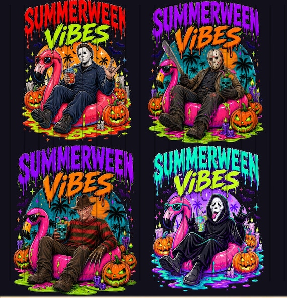 Summerween Vibes Horror Characters PNG, Spooky Beach Vacation Shirt Design (Digital Download)