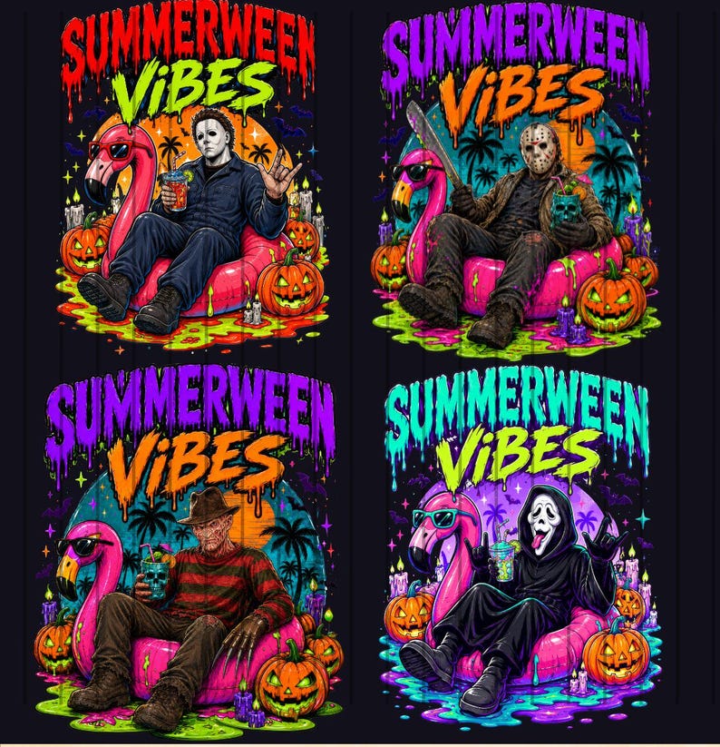 Op de afbeelding: Een grafisch ontwerp met vier horrorfilmfiguren die in roze flamingo zwembanden zitten. Elk kwadrant toont de tekst SUMMERWEEN VIBES in druipende neonletters. De figuren zijn Michael Myers, Jason Voorhees, Freddy Krueger en Ghostface, omringd door pompoenen, palmbomen en paarse kaarsen tegen een donkere achtergrond.