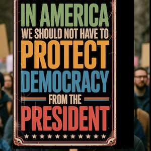 以下が含まれることがあります： 「IN AMERICA WE SHOULD NOT HAVE TO PROTECT DEMOCRACY FROM THE PRESIDENT」と書かれたヴィンテージスタイルの看板。看板は黒い背景に茶色の縁取りと白い星が描かれています。テキストは様々な色で表示されています。