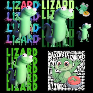 May include: A graphic design featuring cartoon lizards in various poses. The word "Lizard" is displayed in multiple styles and colors, including a dripping paint effect. The lizards are green with pink eyes.