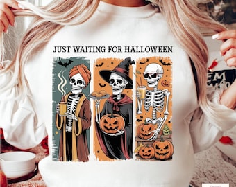 ハロウィンを待つPNG画像、面白いスケルトンのハロウィンPNG画像、秋の雰囲気PNG画像、カボチャPNG画像、ビンテージスケルトンのコーヒークリップアート、不気味な季節