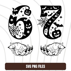 May include: Black and white Halloween-themed SVG and PNG files. The image features the numbers 6 and 7, decorated with bats, stars, spiderwebs, and jack-o'-lanterns. Below the numbers are two illustrations of a hand with long, sharp claws. The text "SVG PNG FILES" is at the bottom.