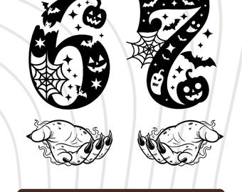 May include: Black and white Halloween-themed SVG and PNG files. The image features the numbers 6 and 7, decorated with bats, stars, spiderwebs, and jack-o'-lanterns. Below the numbers are two illustrations of a hand with long, sharp claws. The text "SVG PNG FILES" is at the bottom.